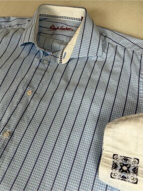 Robert Graham Men’s XL 44 17.5 LS Flip Cuff Gingham Plaid Check Stripe Shirt